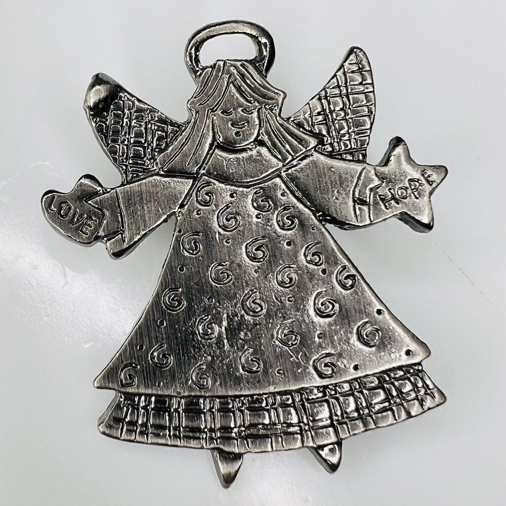 Vintage Silver Tone Metal Open Arms Angel Brooch Pin Love Hope Star Heart 4169